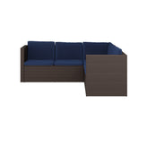 Roan Indoor/Outdoor L-Shaped Sectional with Coffee Table in Brown Wicker PE Rattan with Navy Cushions