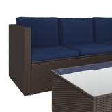 Roan Indoor/Outdoor L-Shaped Sectional with Coffee Table in Brown Wicker PE Rattan with Navy Cushions
