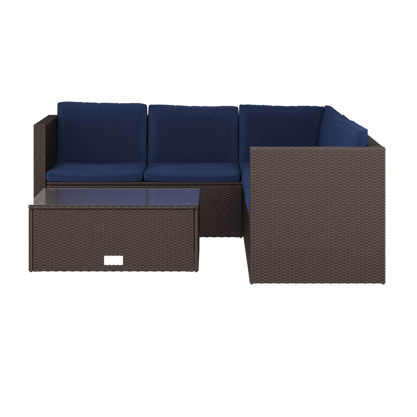 Roan Indoor/Outdoor L-Shaped Sectional with Coffee Table in Brown Wicker PE Rattan with Navy Cushions
