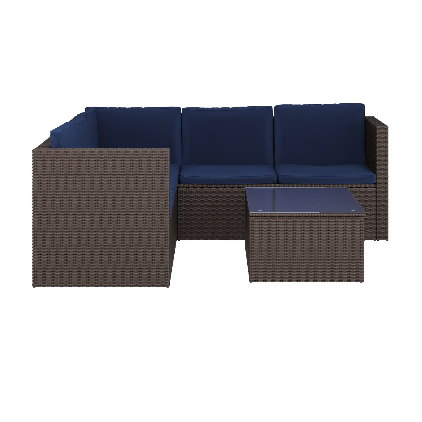 Roan Indoor/Outdoor L-Shaped Sectional with Coffee Table in Brown Wicker PE Rattan with Navy Cushions
