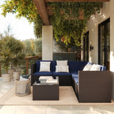Roan Indoor/Outdoor L-Shaped Sectional with Coffee Table in Brown Wicker PE Rattan with Navy Cushions
