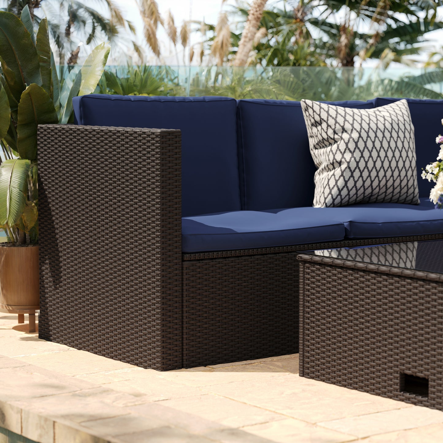 Roan Indoor/Outdoor L-Shaped Sectional with Coffee Table in Brown Wicker PE Rattan with Navy Cushions
