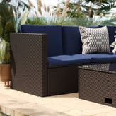 Roan Indoor/Outdoor L-Shaped Sectional with Coffee Table in Brown Wicker PE Rattan with Navy Cushions