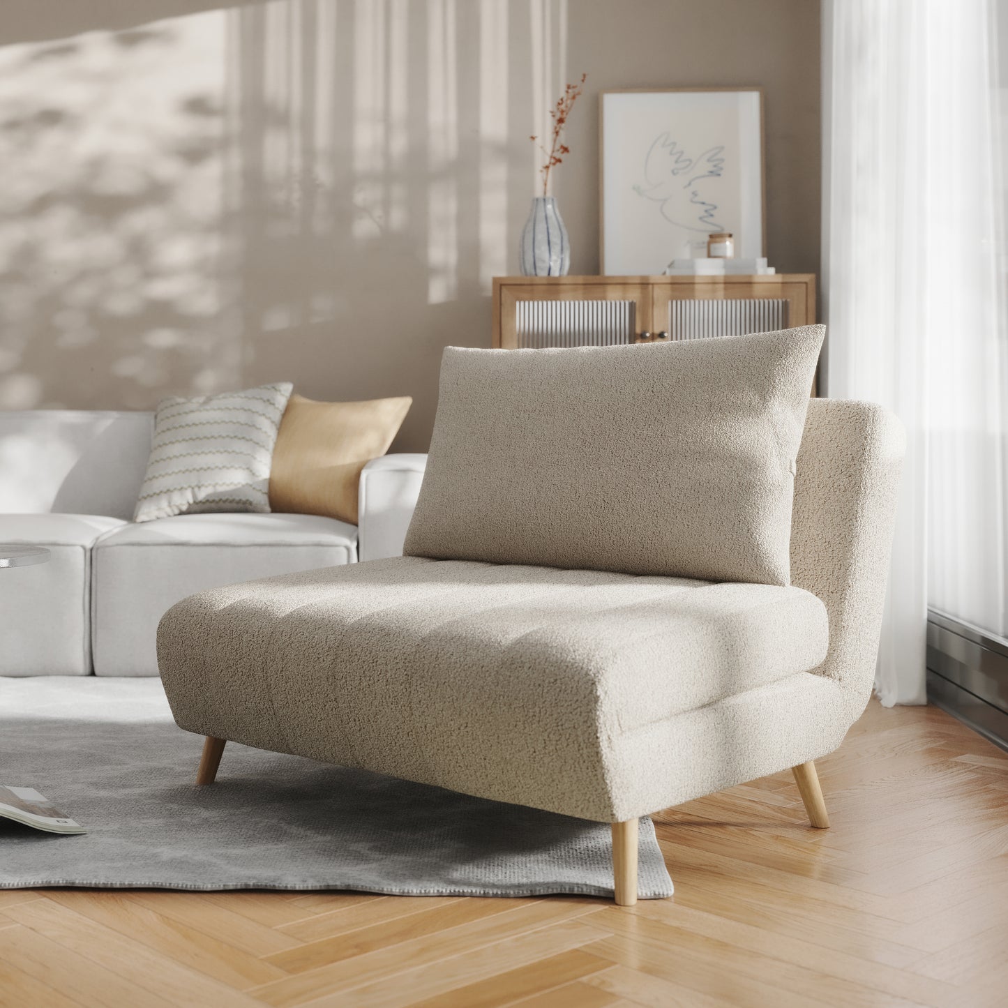 Shaw Convertible Tri-Fold Chair with Pillow - Multifunctional Adjustable Sleeper - Channel Stitching-Removable Legs - Cream Boucle
