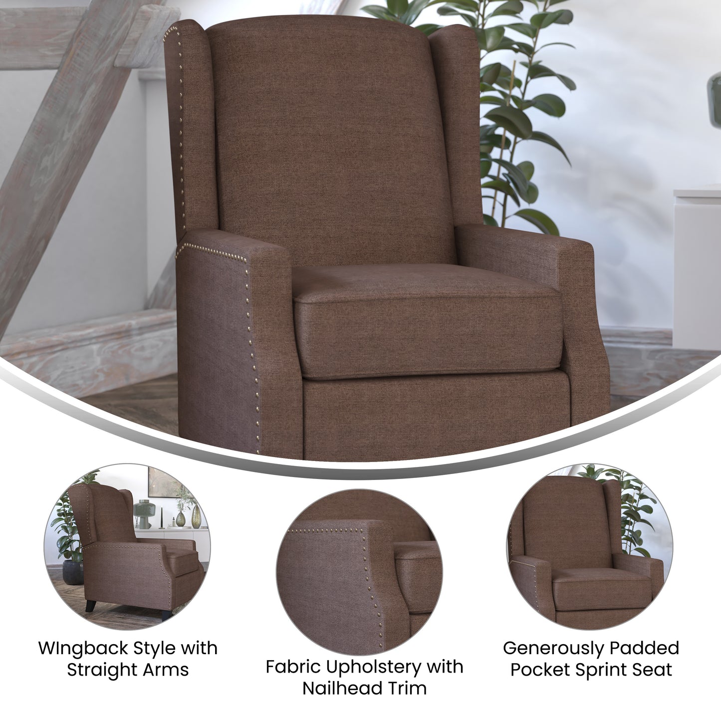 Prescott Traditional Style Slim Push Back Recliner Chair-Wingback Recliner with Brown Polyester Fabric Upholstery-Accent Nail Trim