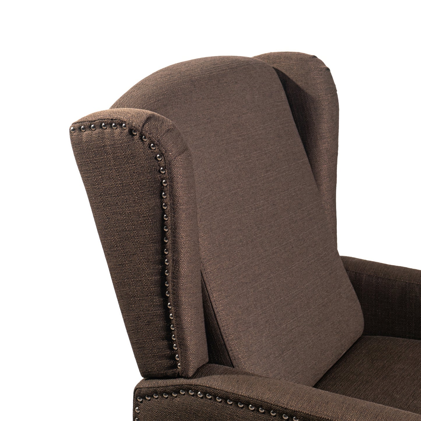 Prescott Traditional Style Slim Push Back Recliner Chair-Wingback Recliner with Brown Polyester Fabric Upholstery-Accent Nail Trim