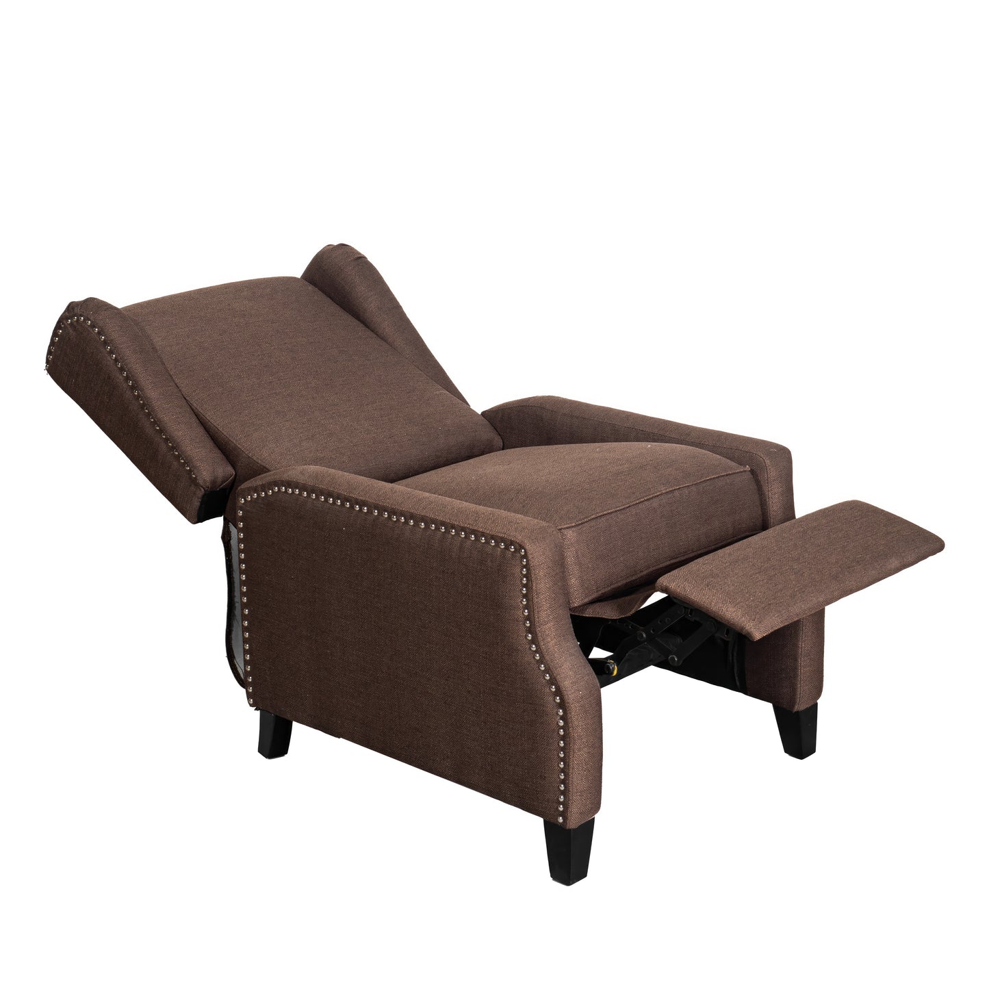 Prescott Traditional Style Slim Push Back Recliner Chair-Wingback Recliner with Brown Polyester Fabric Upholstery-Accent Nail Trim