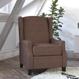 Prescott Traditional Style Slim Push Back Recliner Chair-Wingback Recliner with Brown Polyester Fabric Upholstery-Accent Nail Trim