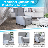 Prescott Traditional Style Slim Push Back Recliner Chair-Wingback Recliner with Gray Polyester Fabric Upholstery-Accent Nail Trim