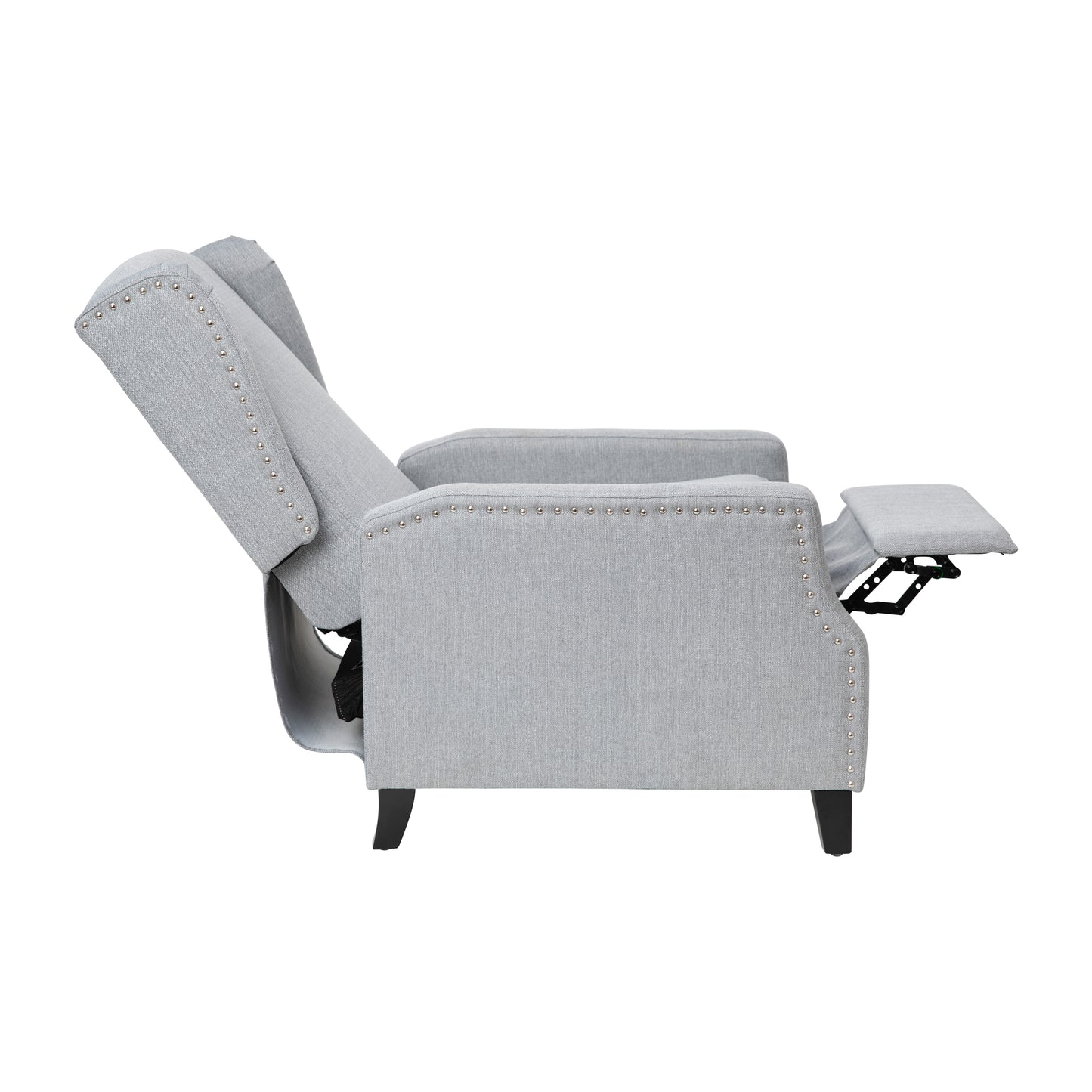Prescott Traditional Style Slim Push Back Recliner Chair-Wingback Recliner with Gray Polyester Fabric Upholstery-Accent Nail Trim