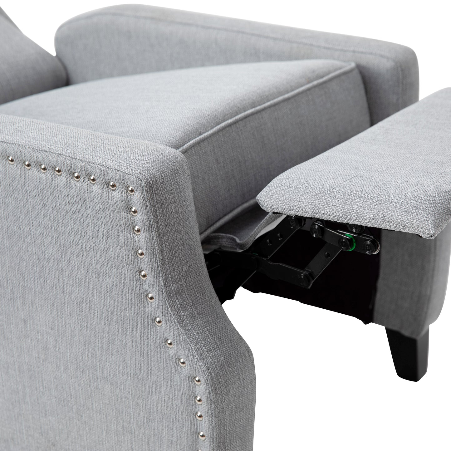 Prescott Traditional Style Slim Push Back Recliner Chair-Wingback Recliner with Gray Polyester Fabric Upholstery-Accent Nail Trim