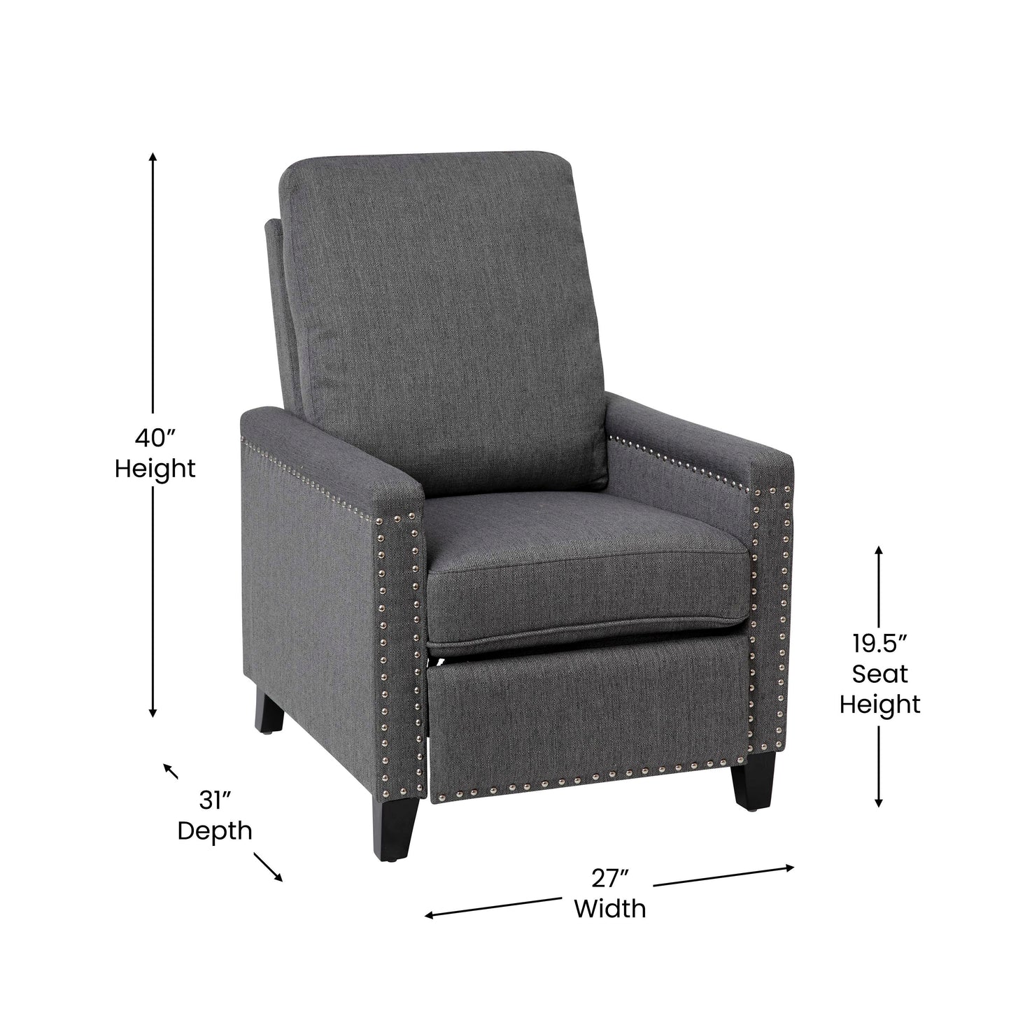 Carson Transitional Style Push Back Recliner Chair - Pillow Back Recliner - Gray Fabric Upholstery - Accent Nail Trim