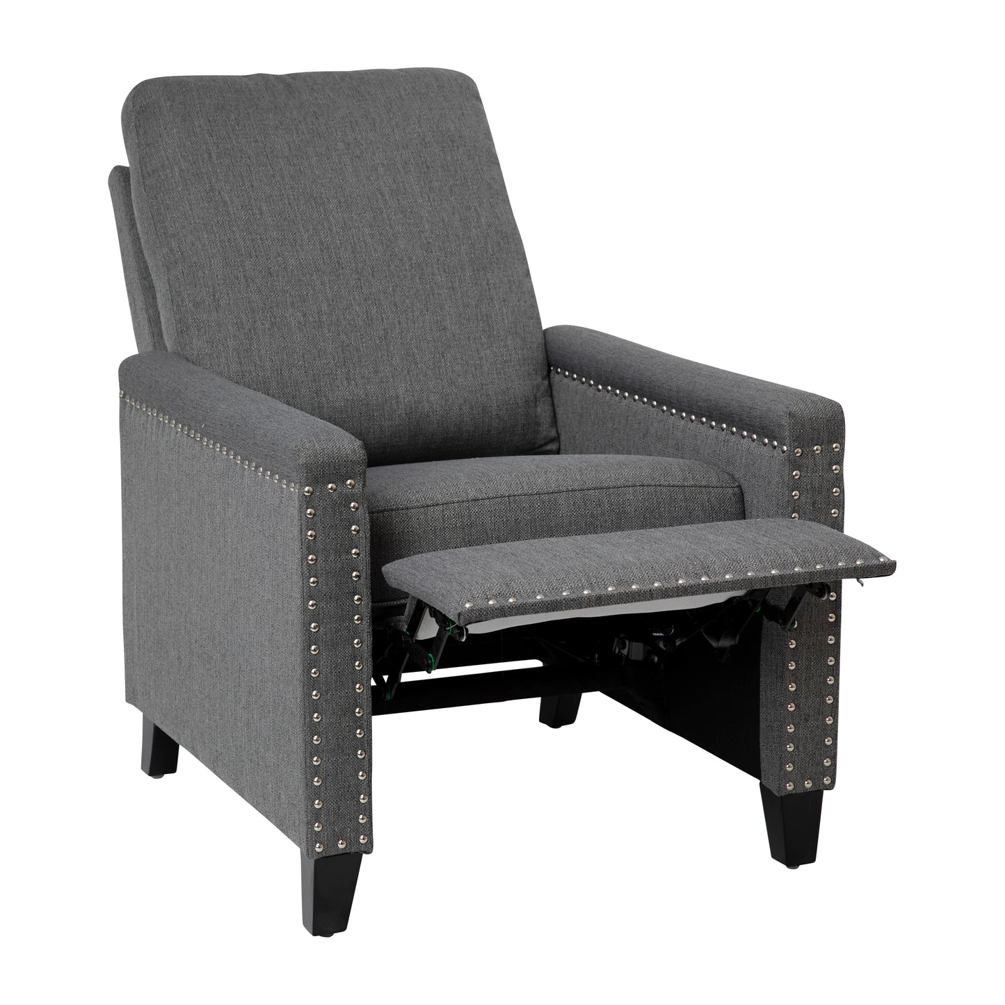 Carson Transitional Style Push Back Recliner Chair - Pillow Back Recliner - Gray Fabric Upholstery - Accent Nail Trim