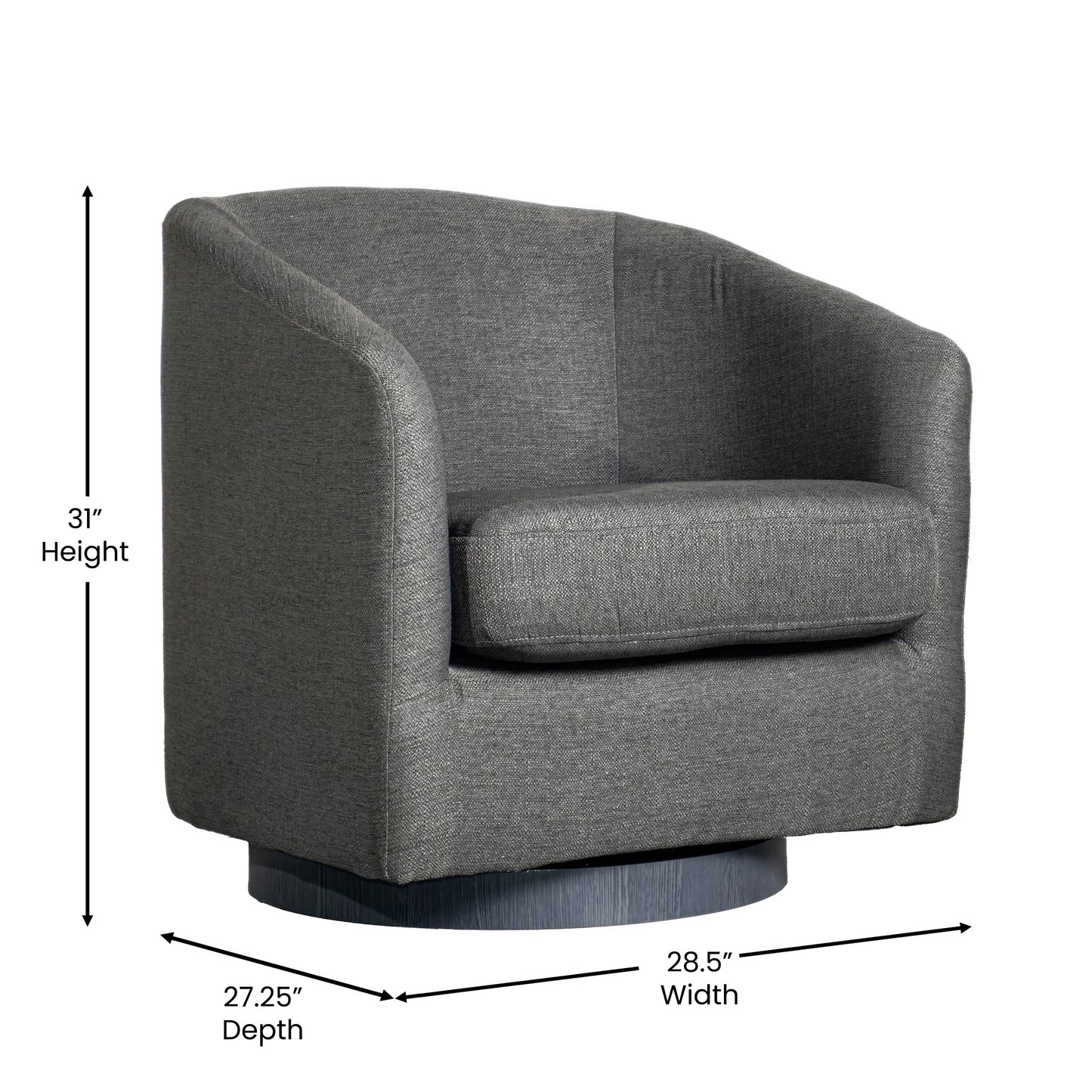 Landon Club Style Commercial Barrel Accent Armchair with 360 Degree Swivel Metal Base and Sloped Armrests in Dark Gray Fabric Upholstery