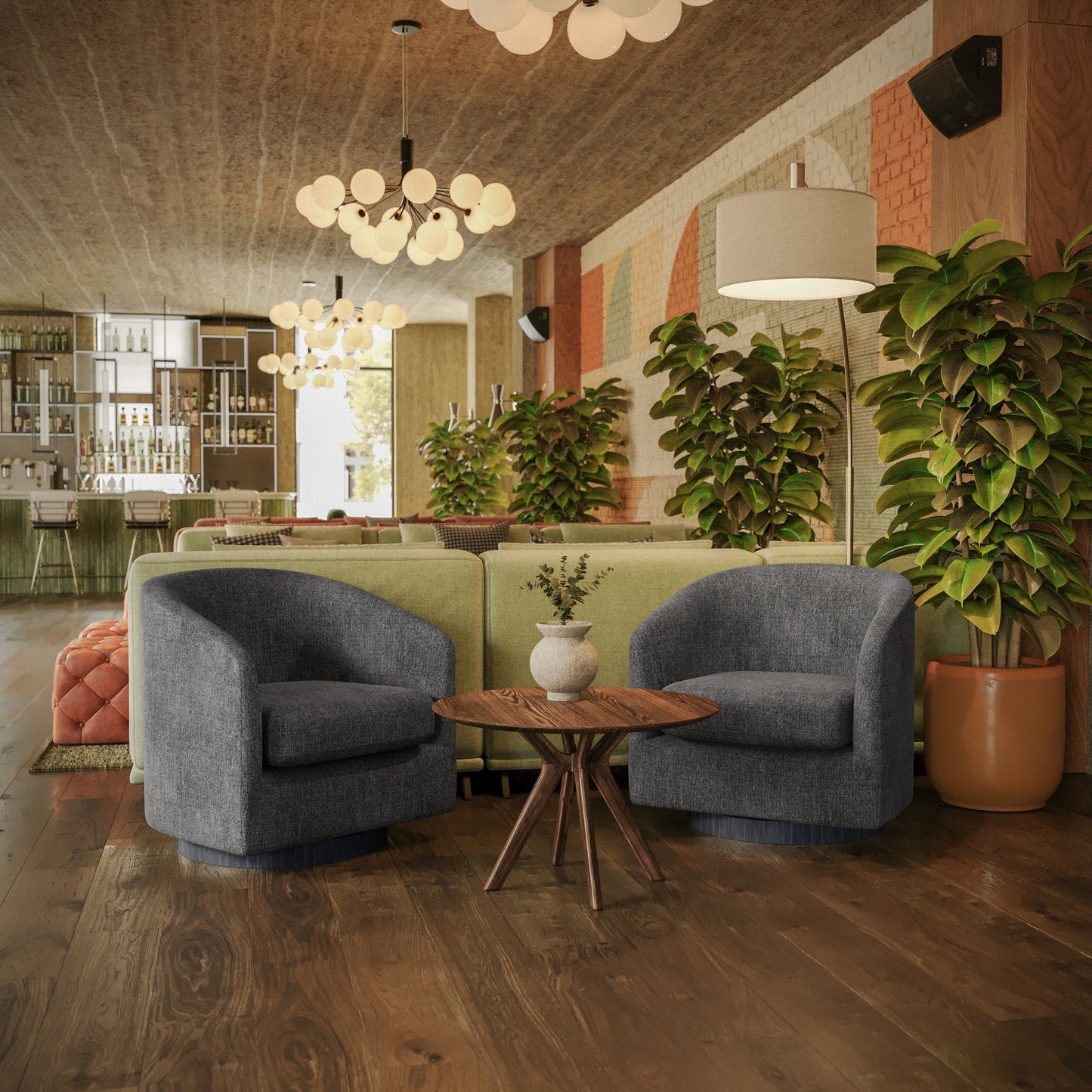 Landon Club Style Commercial Barrel Accent Armchair with 360 Degree Swivel Metal Base and Sloped Armrests in Dark Gray Fabric Upholstery