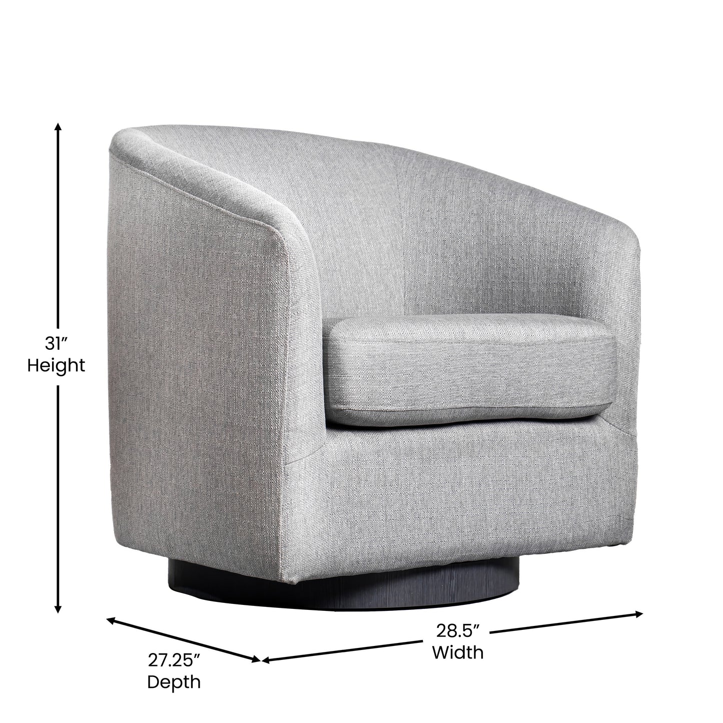 Landon Club Style Commercial Barrel Accent Armchair with 360 Degree Swivel Metal Base and Sloped Armrests in Light Gray Fabric Upholstery