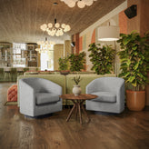 Landon Club Style Commercial Barrel Accent Armchair with 360 Degree Swivel Metal Base and Sloped Armrests in Light Gray Fabric Upholstery