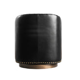 Myles Club Style Commercial Barrel Accent Armchair with 360° Swivel Metal Base and Black Leathersoft Upholstery with Brass Decorative Nail Head Trim