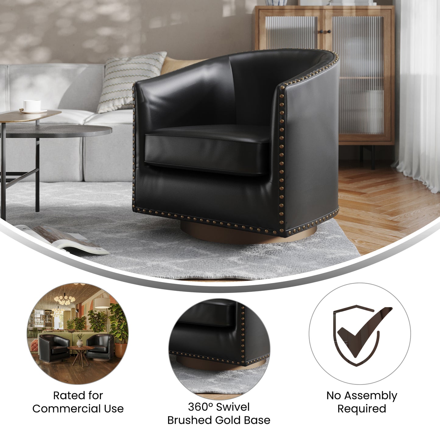 Myles Club Style Commercial Barrel Accent Armchair with 360° Swivel Metal Base and Black Leathersoft Upholstery with Brass Decorative Nail Head Trim