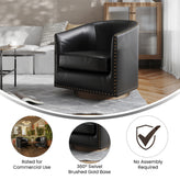 Myles Club Style Commercial Barrel Accent Armchair with 360° Swivel Metal Base and Black Leathersoft Upholstery with Brass Decorative Nail Head Trim