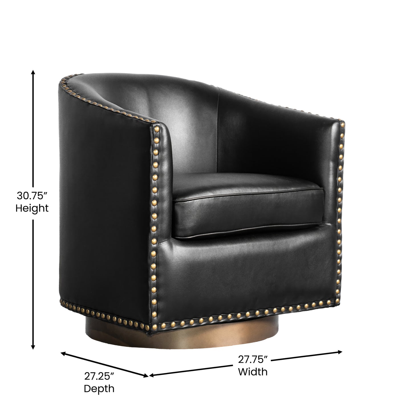 Myles Club Style Commercial Barrel Accent Armchair with 360° Swivel Metal Base and Black Leathersoft Upholstery with Brass Decorative Nail Head Trim