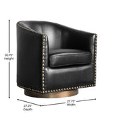 Myles Club Style Commercial Barrel Accent Armchair with 360° Swivel Metal Base and Black Leathersoft Upholstery with Brass Decorative Nail Head Trim