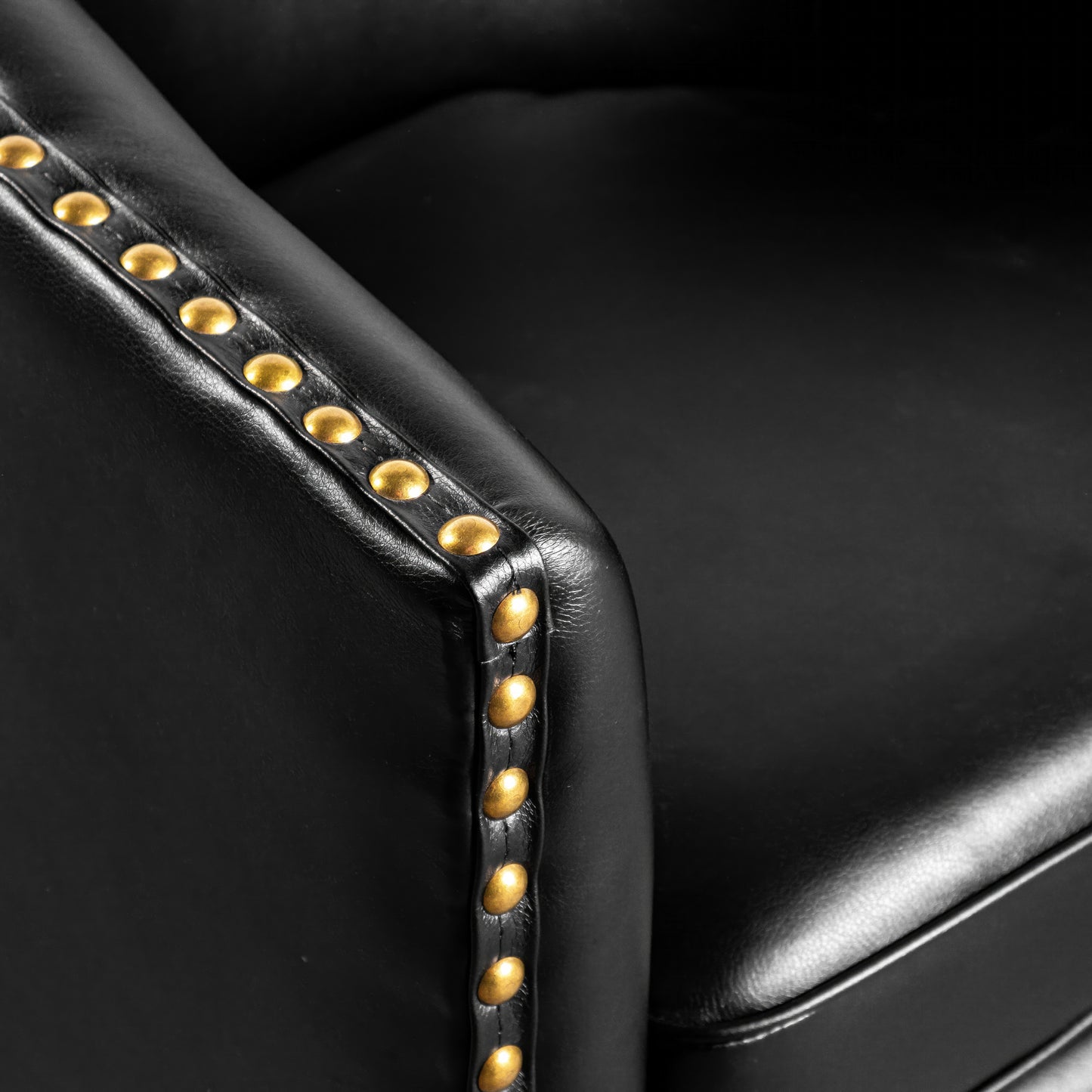 Myles Club Style Commercial Barrel Accent Armchair with 360° Swivel Metal Base and Black Leathersoft Upholstery with Brass Decorative Nail Head Trim