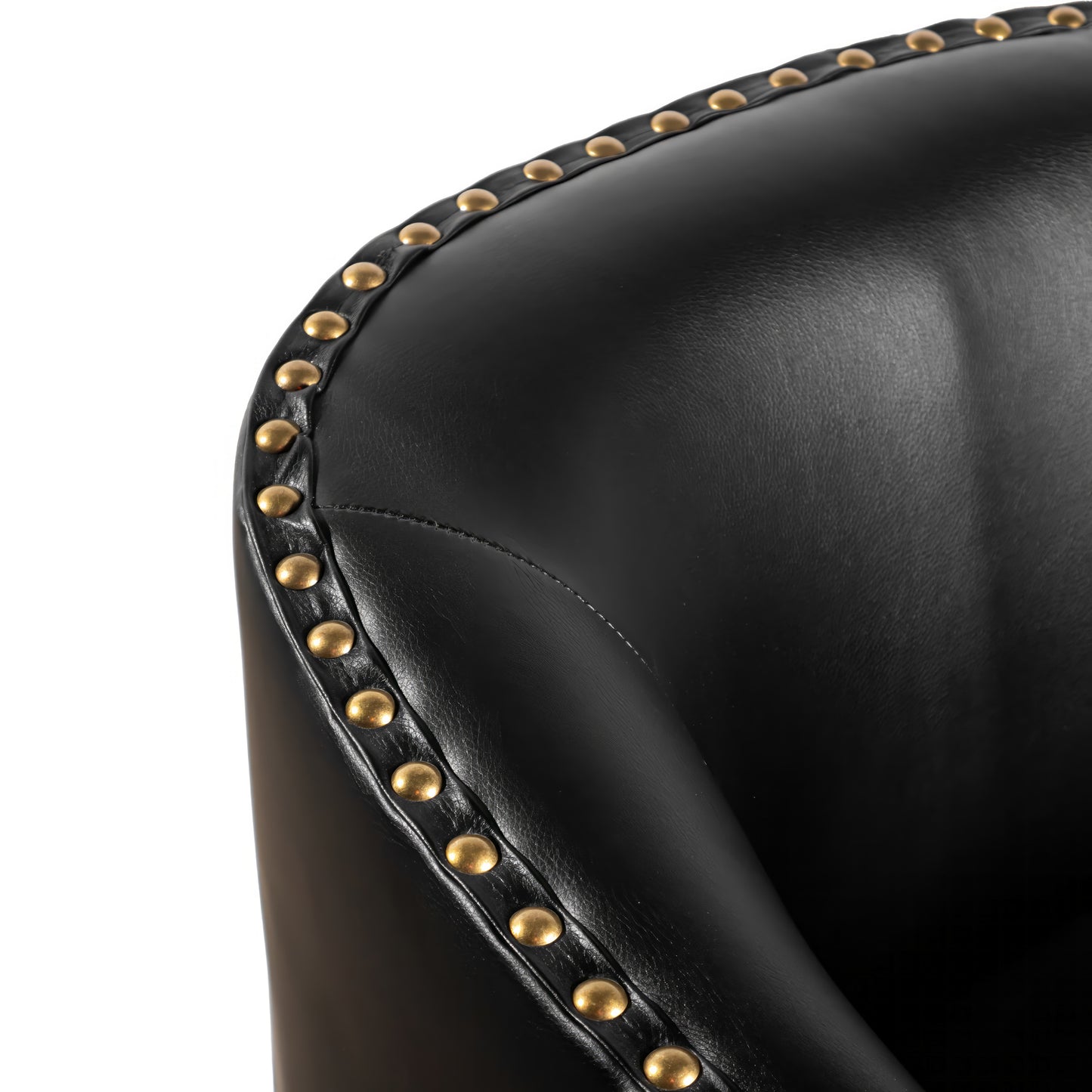 Myles Club Style Commercial Barrel Accent Armchair with 360° Swivel Metal Base and Black Leathersoft Upholstery with Brass Decorative Nail Head Trim