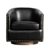Myles Club Style Commercial Barrel Accent Armchair with 360° Swivel Metal Base and Black Leathersoft Upholstery with Brass Decorative Nail Head Trim