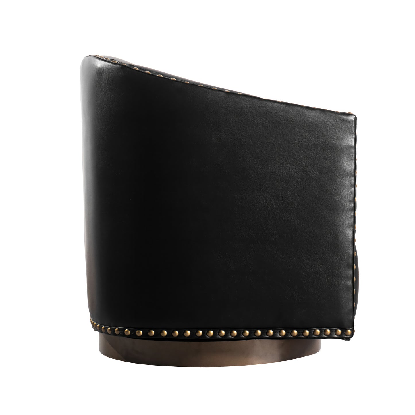 Myles Club Style Commercial Barrel Accent Armchair with 360° Swivel Metal Base and Black Leathersoft Upholstery with Brass Decorative Nail Head Trim