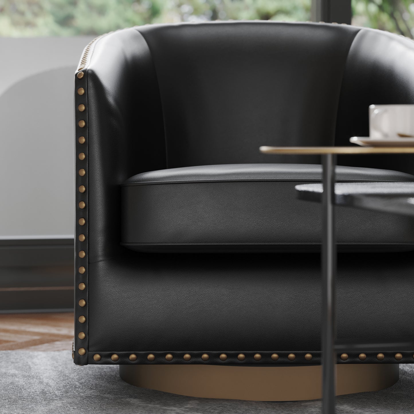 Myles Club Style Commercial Barrel Accent Armchair with 360° Swivel Metal Base and Black Leathersoft Upholstery with Brass Decorative Nail Head Trim