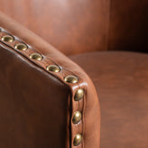 Myles Club Style Commercial Barrel Accent Armchair with 360° Swivel Metal Base and Brown Leathersoft Upholstery with Brass Decorative Nail Head Trim