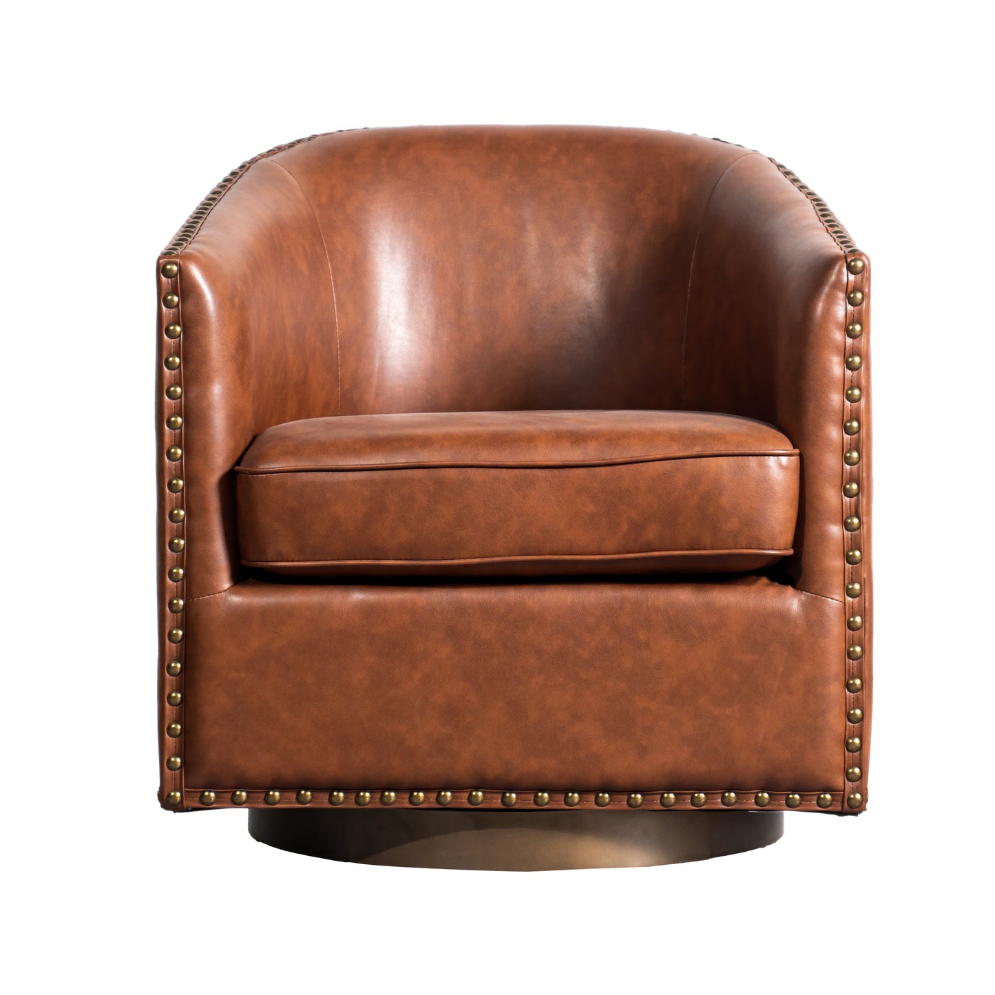 Myles Club Style Commercial Barrel Accent Armchair with 360° Swivel Metal Base and Brown Leathersoft Upholstery with Brass Decorative Nail Head Trim