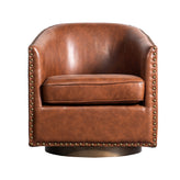 Myles Club Style Commercial Barrel Accent Armchair with 360° Swivel Metal Base and Brown Leathersoft Upholstery with Brass Decorative Nail Head Trim
