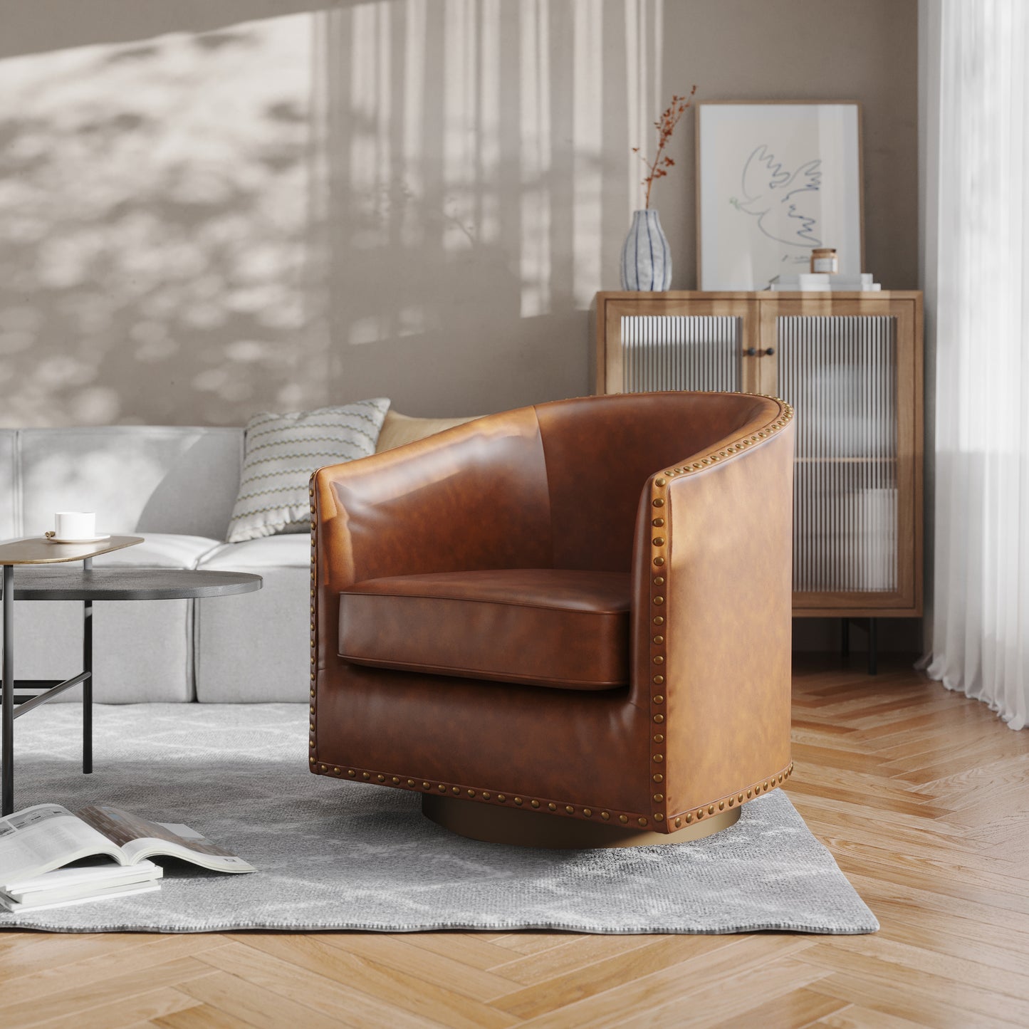 Myles Club Style Commercial Barrel Accent Armchair with 360° Swivel Metal Base and Brown Leathersoft Upholstery with Brass Decorative Nail Head Trim