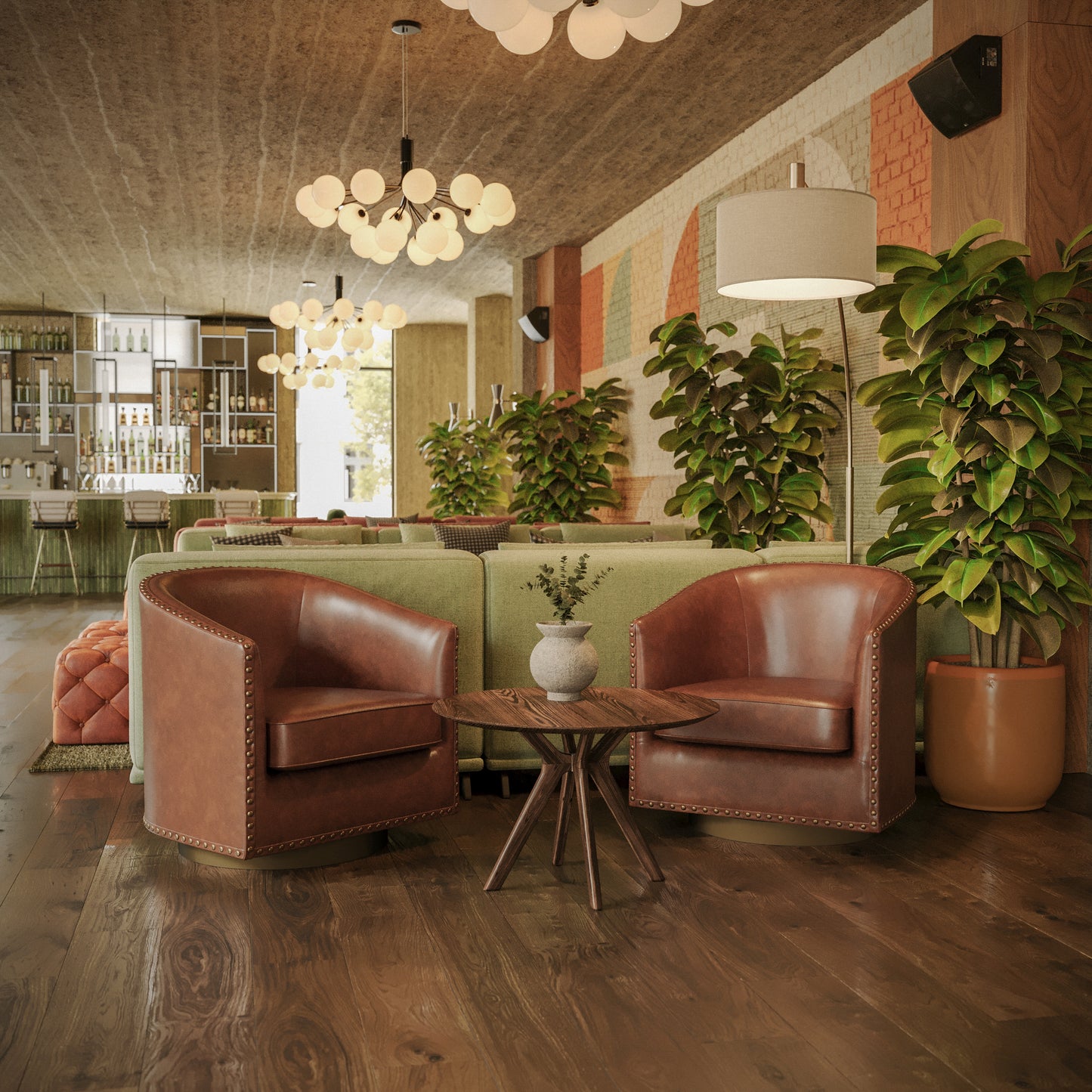Myles Club Style Commercial Barrel Accent Armchair with 360° Swivel Metal Base and Brown Leathersoft Upholstery with Brass Decorative Nail Head Trim