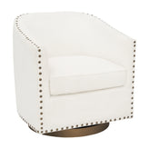 Myles Club Style Commercial Barrel Accent Armchair with 360° Swivel Metal Base and Cream Boucle Upholstery with Brass Decorative Nail Head Trim