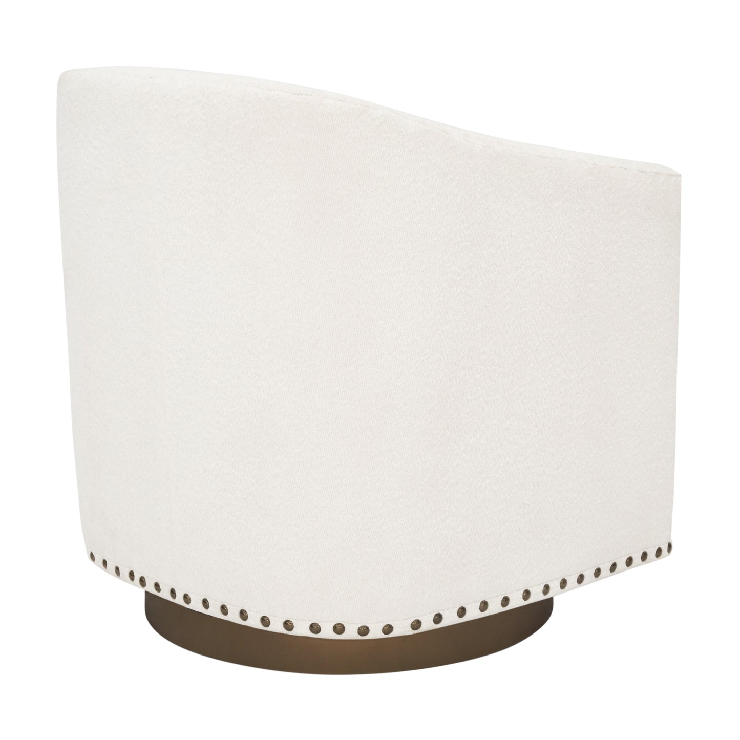 Myles Club Style Commercial Barrel Accent Armchair with 360° Swivel Metal Base and Cream Boucle Upholstery with Brass Decorative Nail Head Trim