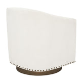 Myles Club Style Commercial Barrel Accent Armchair with 360° Swivel Metal Base and Cream Boucle Upholstery with Brass Decorative Nail Head Trim