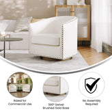 Myles Club Style Commercial Barrel Accent Armchair with 360° Swivel Metal Base and Cream Boucle Upholstery with Brass Decorative Nail Head Trim