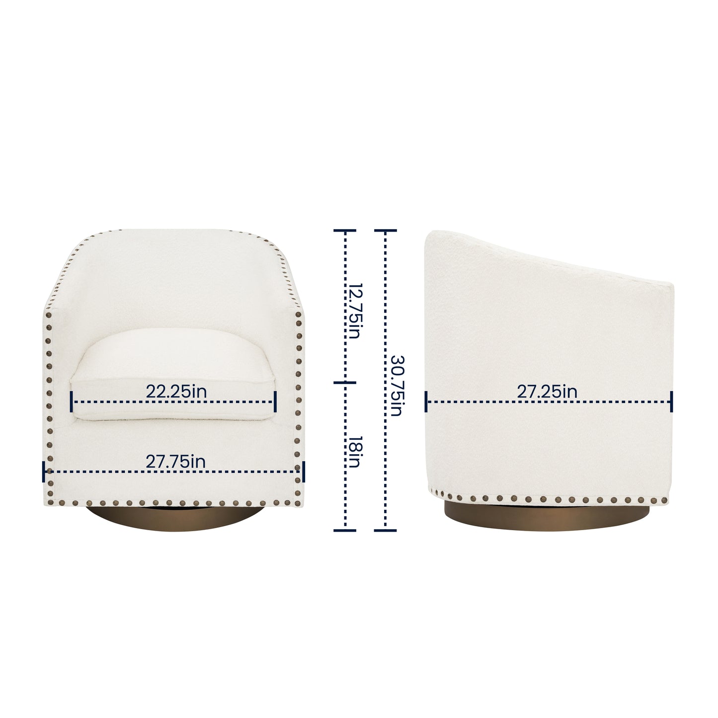 Myles Club Style Commercial Barrel Accent Armchair with 360° Swivel Metal Base and Cream Boucle Upholstery with Brass Decorative Nail Head Trim