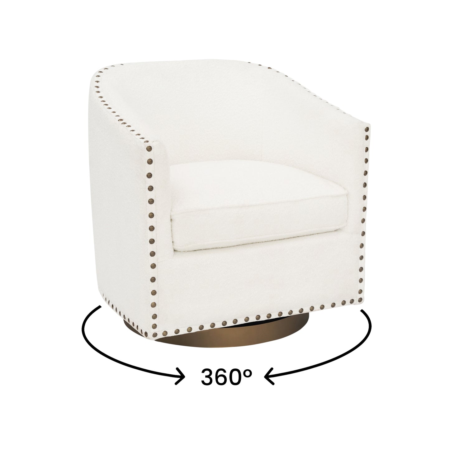 Myles Club Style Commercial Barrel Accent Armchair with 360° Swivel Metal Base and Cream Boucle Upholstery with Brass Decorative Nail Head Trim
