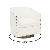 Myles Club Style Commercial Barrel Accent Armchair with 360° Swivel Metal Base and Cream Boucle Upholstery with Brass Decorative Nail Head Trim