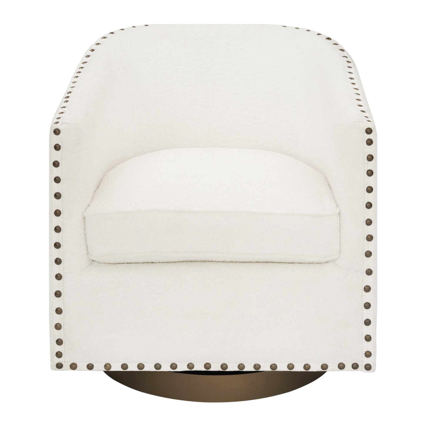 Myles Club Style Commercial Barrel Accent Armchair with 360° Swivel Metal Base and Cream Boucle Upholstery with Brass Decorative Nail Head Trim