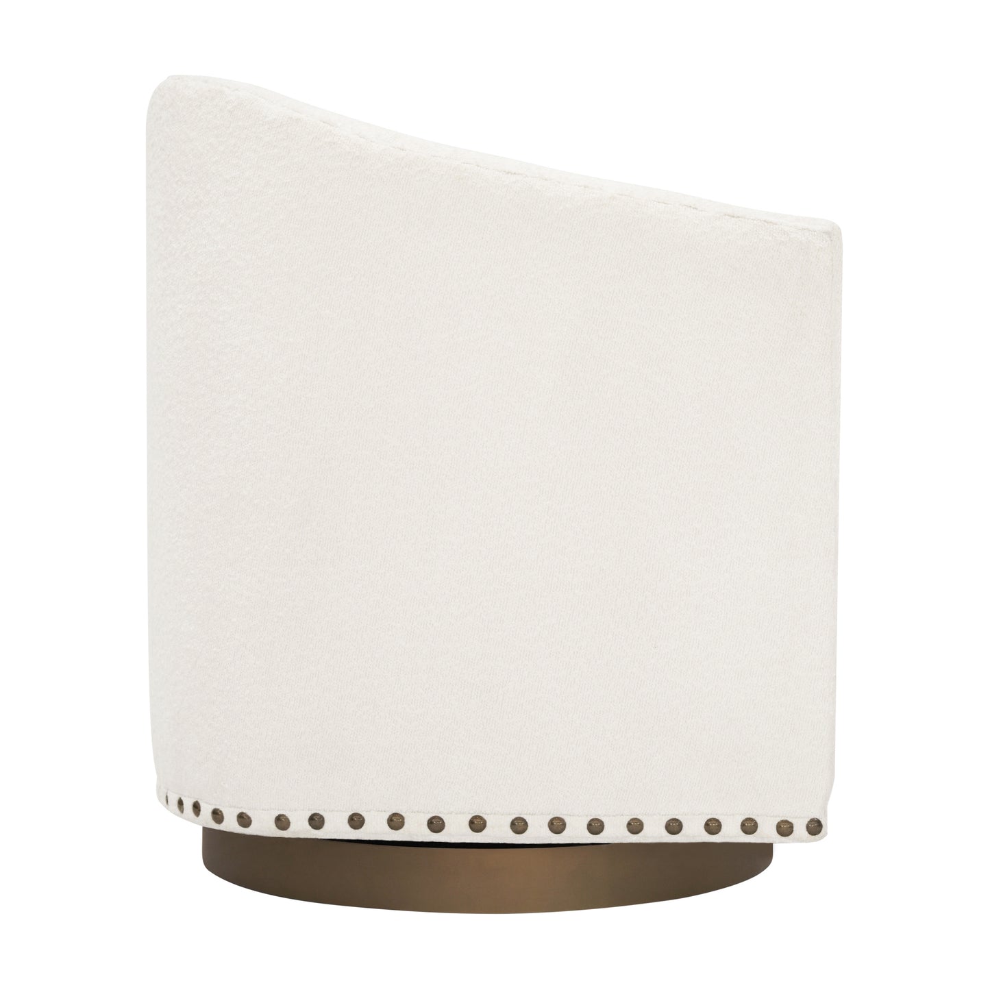 Myles Club Style Commercial Barrel Accent Armchair with 360° Swivel Metal Base and Cream Boucle Upholstery with Brass Decorative Nail Head Trim