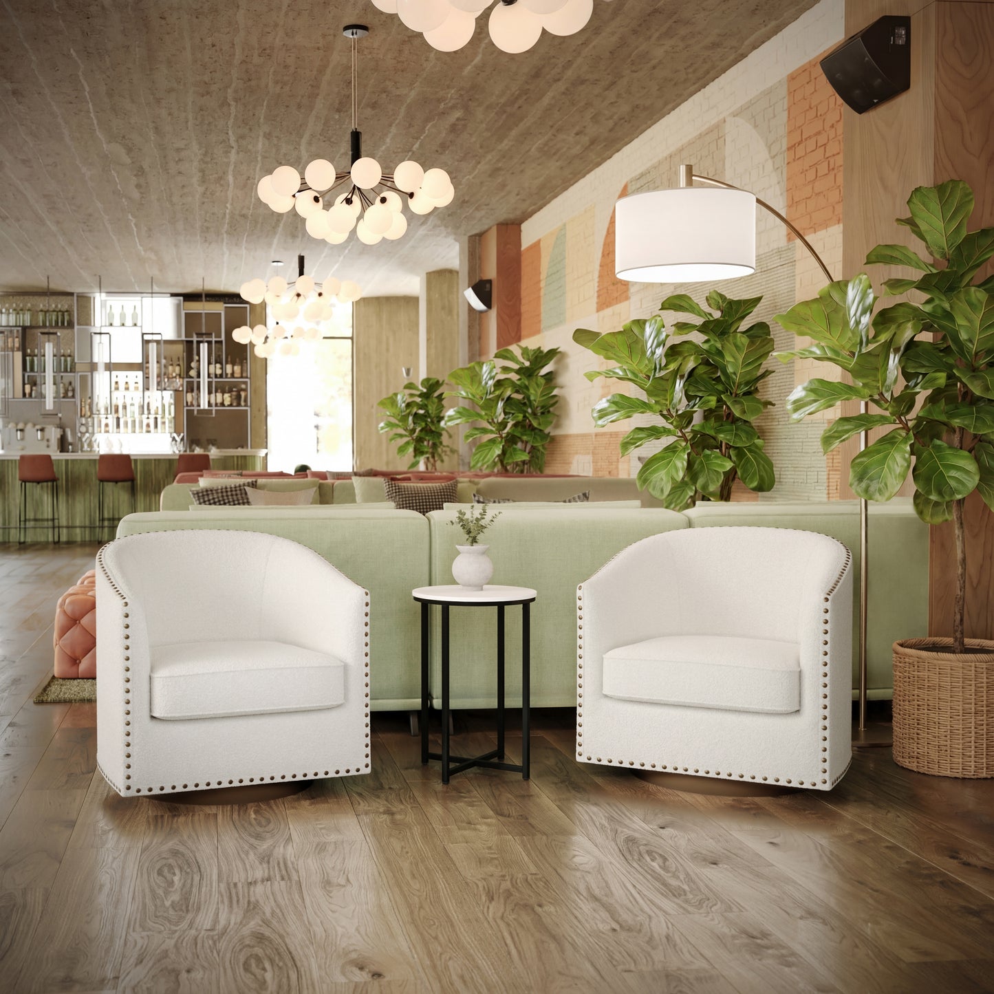 Myles Club Style Commercial Barrel Accent Armchair with 360° Swivel Metal Base and Cream Boucle Upholstery with Brass Decorative Nail Head Trim
