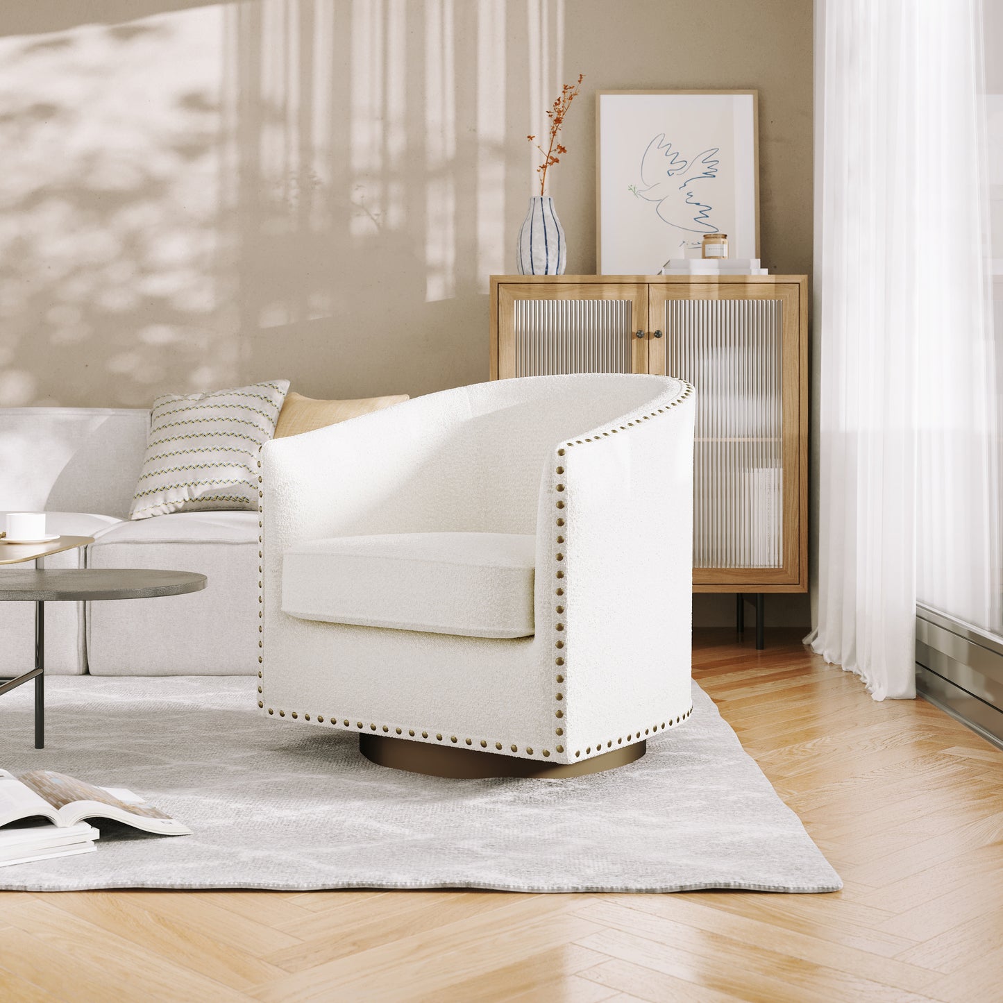 Myles Club Style Commercial Barrel Accent Armchair with 360° Swivel Metal Base and Cream Boucle Upholstery with Brass Decorative Nail Head Trim