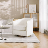Myles Club Style Commercial Barrel Accent Armchair with 360° Swivel Metal Base and Cream Boucle Upholstery with Brass Decorative Nail Head Trim