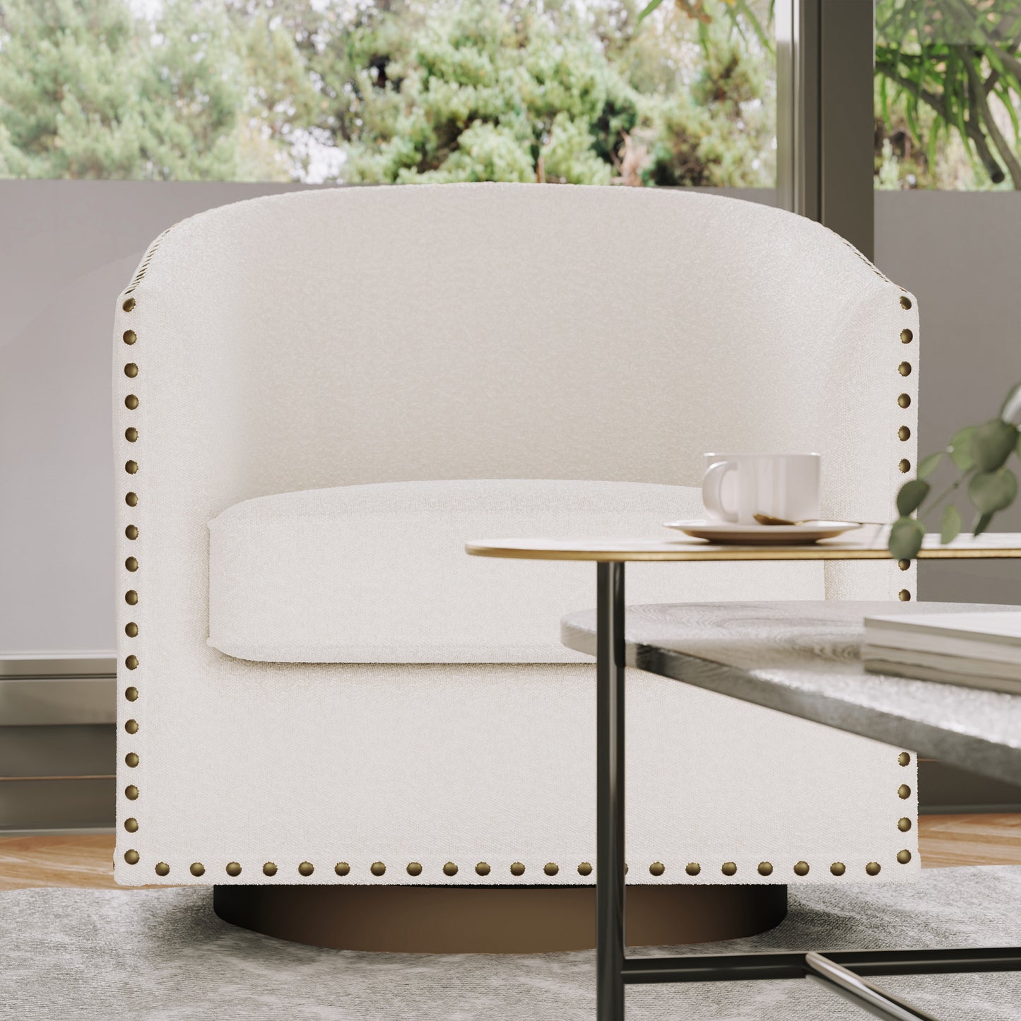 Myles Club Style Commercial Barrel Accent Armchair with 360° Swivel Metal Base and Cream Boucle Upholstery with Brass Decorative Nail Head Trim
