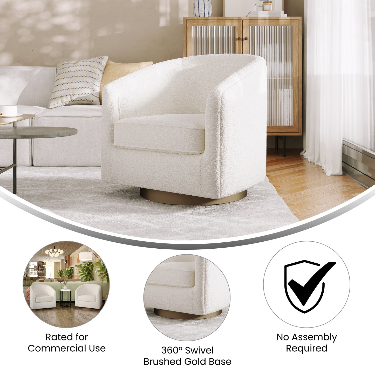 Dean Club Style Commercial Barrel Accent Armchair with 360 Degree Swivel Metal Base and Sloped Armrests in Cream Boucle Upholstery